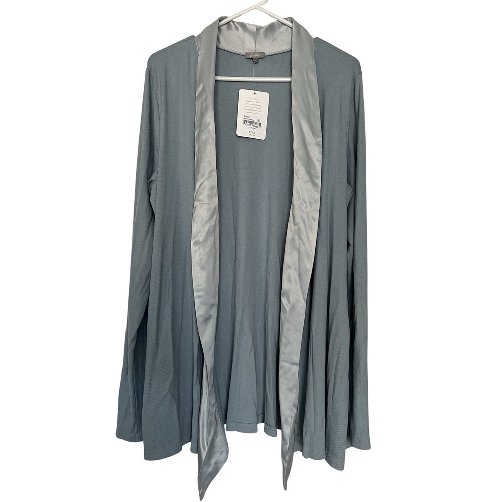 NWT PJ Harlow Women XL Shelby Lounge Cardigan Robe Blue Satin Trim Supima Cotton